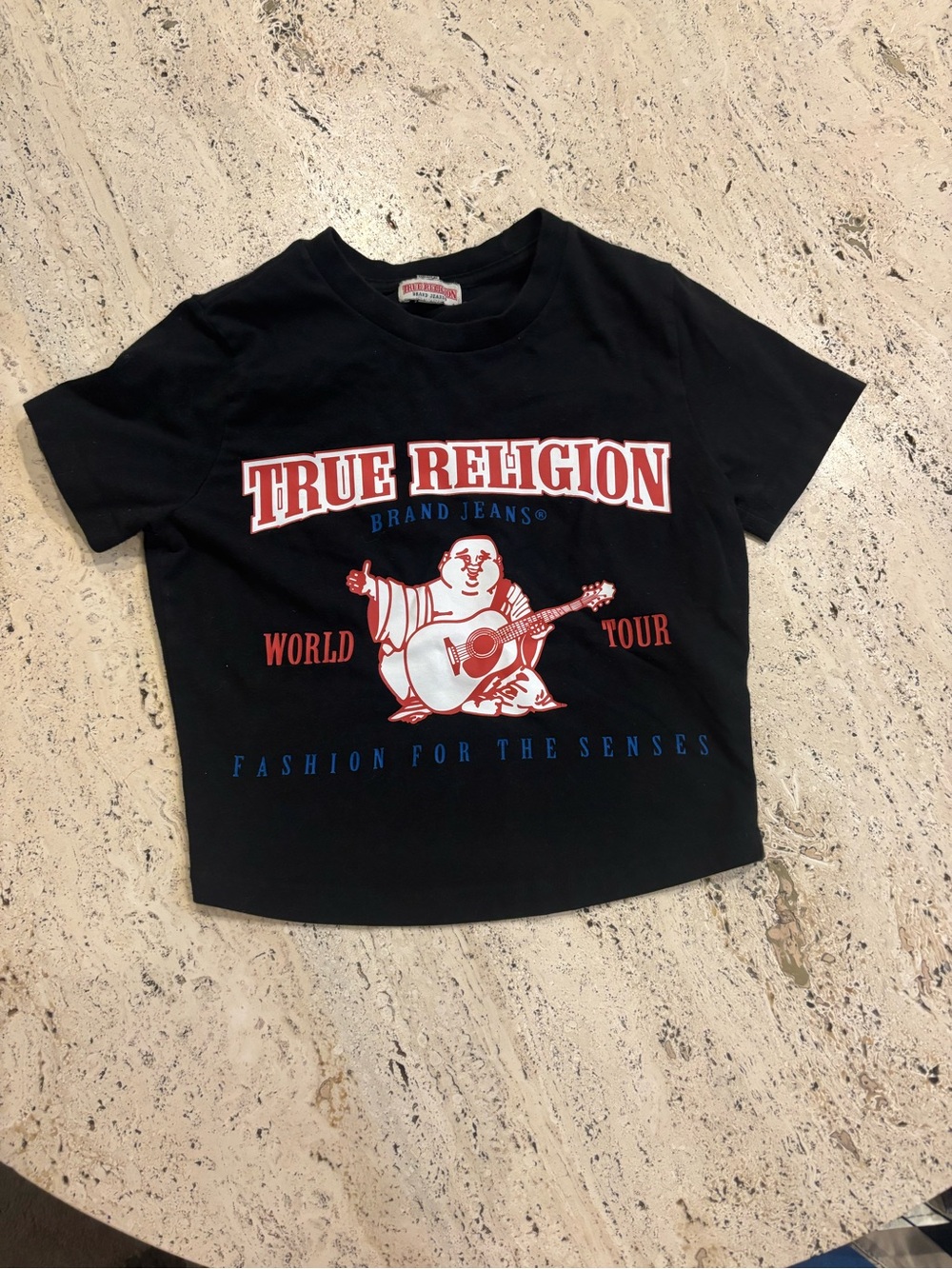 True Religion Black Tee with Red & White Graphic